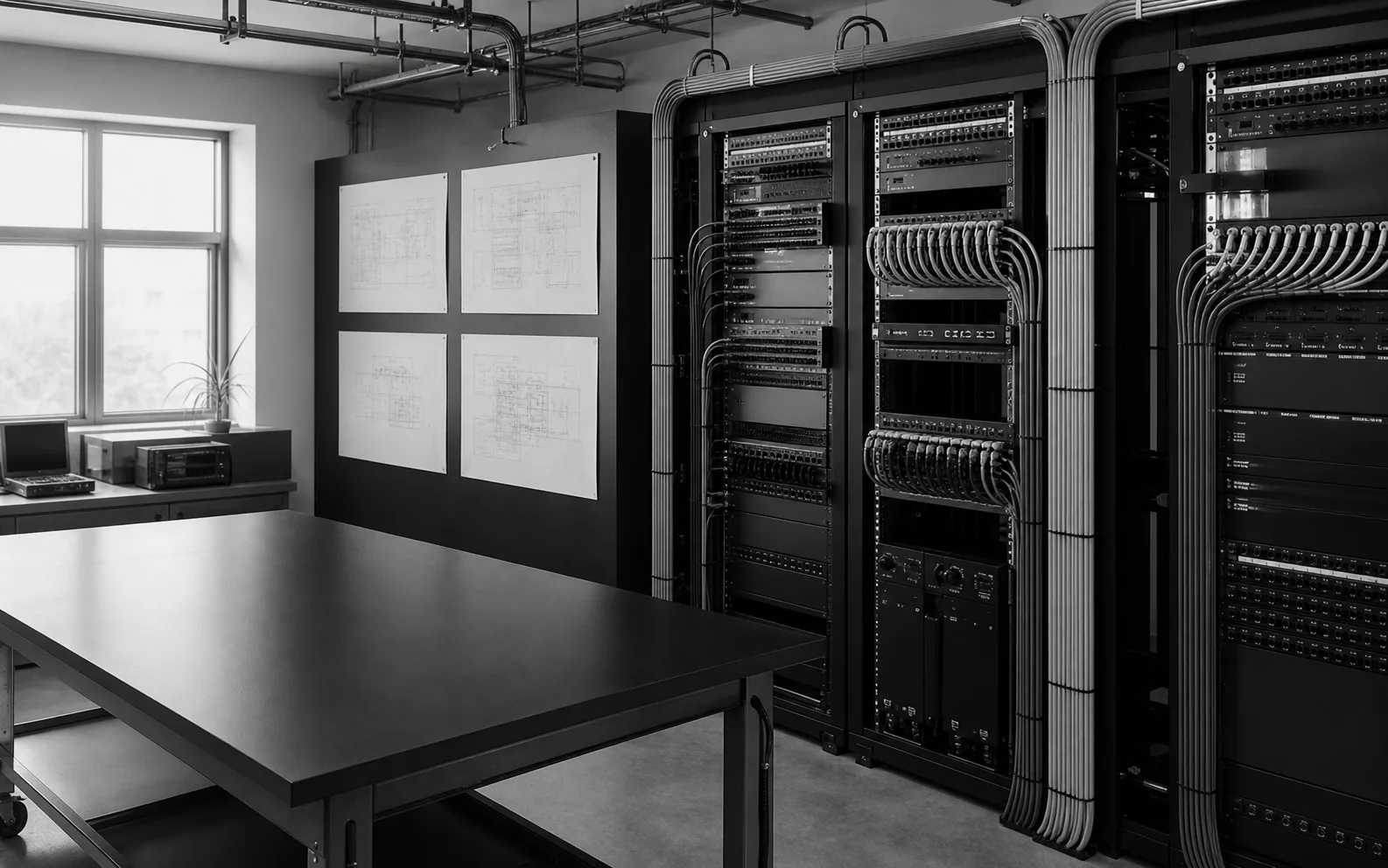 A fictional Arcwell engineering lab with precisely routed cables and equipment cabinets